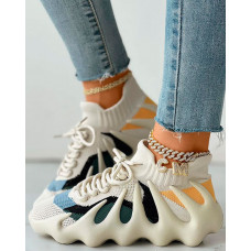 Lace-up Colorblock Breathable Knit Octopus Sneakers - beige