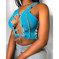 Lace-up Colorblock Sleeveless Crop Top - Lighted Blue