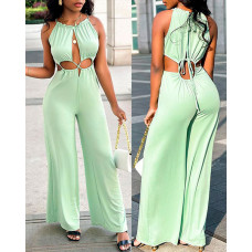 Lace-up Cutout Wide Leg Jumpsuit - light green