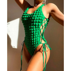 Lace-up Design Backless Textured One-Piece Swimsuit - green