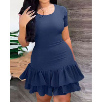 Lace-up Design Layered Ruffle Hem Casual Dress - blue