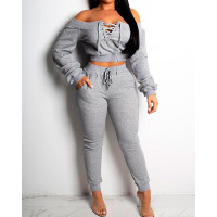 Lace-Up Design Off Shoulder Sweatshirt & Pant Sets - gray