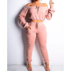 Lace-Up Design Off Shoulder Sweatshirt & Pant Sets - pink