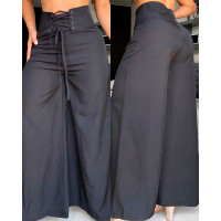 Lace-up Eyelet Wide Leg Bootcut Pants - black