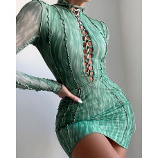 Lace-up Frill Hem Tie Dye Print Bodycon Dress - green