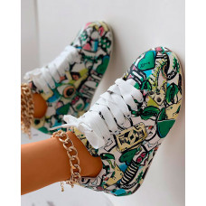 Lace-up Front Painting Print Platform Sneakers - green