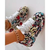 Lace-up Front Painting Print Platform Sneakers - red