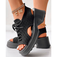 Lace-up Hollow Out Platform Wedge Sandals - black