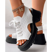 Lace-up Hollow Out Platform Wedge Sandals - blackwhite