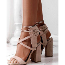 Lace Up Open Toe Block Heels Sandals - khaki,purplish blue