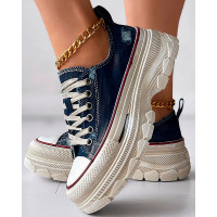 Lace-up Platform Casual Canvas Sneakers - blue