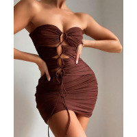 Lace-up Ruched Chocolate Bodycon Tube Dress - Chocolate