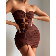 Lace-up Ruched Chocolate Bodycon Tube Dress - Chocolate