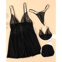 Lace-up Sheer Mesh Crochet Lace Babydoll With Panty - black