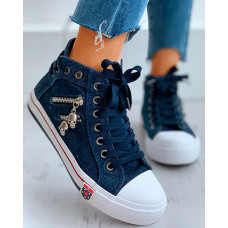 Lace-Up Skeleton Zipper Detail Casual Sneakers - dark blue