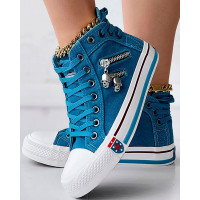 Lace-Up Skeleton Zipper Detail Casual Sneakers - Lighted Blue