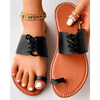 Lace-up Toe Ring Summer Beach Flip Flops - black