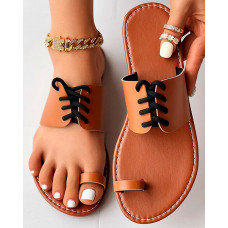 Lace-up Toe Ring Summer Beach Flip Flops - brown