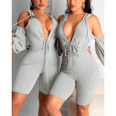 Lace-up Zip Front Cold Shoulder Hooded Romper - gray