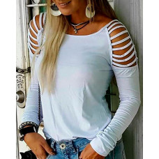 Ladder Cut Out Long Sleeve Casual Top - white