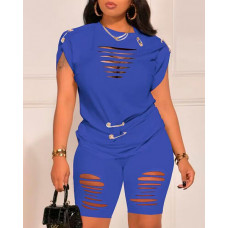 Ladder Cutout Casual Top & Shorts Set - blue