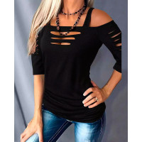 Ladder Cutout Cold Shoulder Long Sleeve Top - black