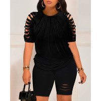 Ladder Cutout Cold Shoulder Top & Shorts Set - black