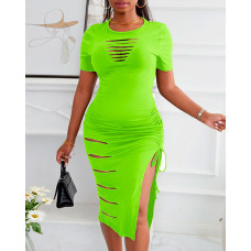 Ladder Cutout Drawstring Ruched High Slit Dress - green