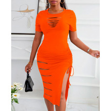 Ladder Cutout Drawstring Ruched High Slit Dress - orange