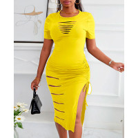 Ladder Cutout Drawstring Ruched High Slit Dress - yellow