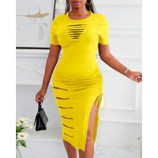 Ladder Cutout Drawstring Ruched High Slit Dress - yellow