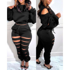 Ladder Cutout Long Sleeve Top & Drawstring Pants Set - black