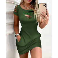 Ladder Cutout Round Neck Casual Dress - Army green