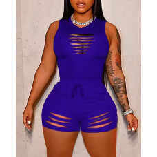 Ladder Cutout Tank Top & Drawstring Shorts Set - blue