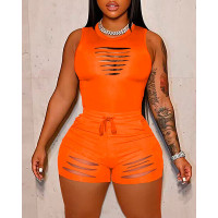 Ladder Cutout Tank Top & Drawstring Shorts Set - orange