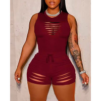 Ladder Cutout Tank Top & Drawstring Shorts Set - Wine red