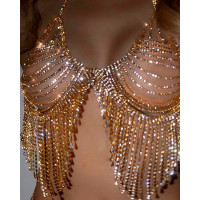 Ladder Cutout Tassel Design Rhinestone Body Chain - gold