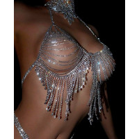 Ladder Cutout Tassel Design Rhinestone Body Chain - silver