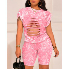 Ladder Cutout Top & High Waist Shorts Set - pink