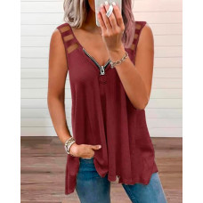 Ladder Cutout Zip Front Knit Tank Top - Wine red