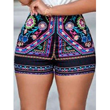 Ladies Boho Flower Printed Slim Tight Beach Shorts - black