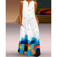 Landscape Bird Print Sleeveless Maxi Dress - white