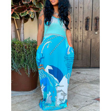 Landscape Chain Print Spaghetti Strap Maxi Dress - blue