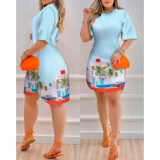 Landscape Striped Print Casual Dress - blue