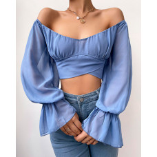 Lantern Bell Sleeve Ruched V-Neck Crop Top - blue