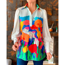 Lantern Sleeve Abstract Print Casual Top - Multicolor