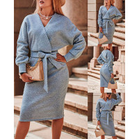 Lantern Sleeve Belted Wrap Sweatshirt Dress - gray