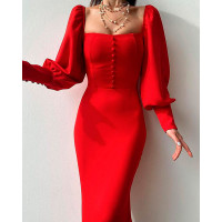 Lantern Sleeve Button Decor Midi Dress - red