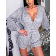 Lantern Sleeve Buttoned Top & Drawstring Shorts Set - gray