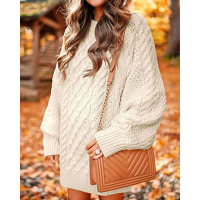 Lantern Sleeve Cable Knit Sweater Dress - Apricot